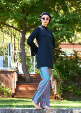 Yeşil Pembe Çizgili Tesettür Mayo Tek Pantolon